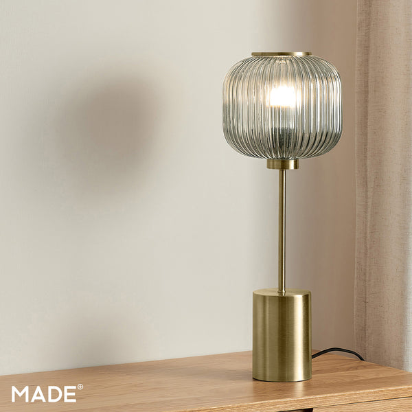 Briz Large Table Lamp in Antique Brass with Ribbed Grey Glass Shade