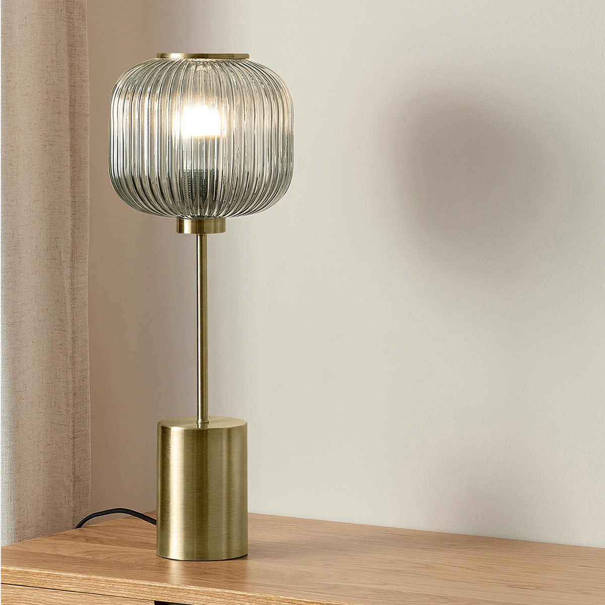 Briz Large Table Lamp in Antique Brass with Ribbed Grey Glass Shade