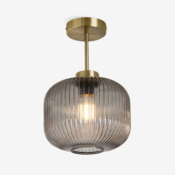 Briz Semi Flush Ceiling Light in Antique Brass with Ribbed Grey Glass Shade