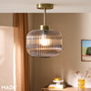 Briz Semi Flush Ceiling Light in Antique Brass with Ribbed Grey Glass Shade