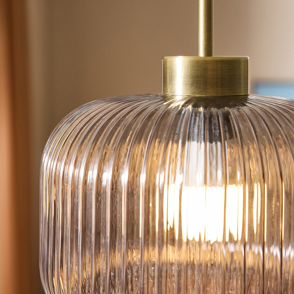 Briz Semi Flush Ceiling Light in Antique Brass with Ribbed Grey Glass Shade