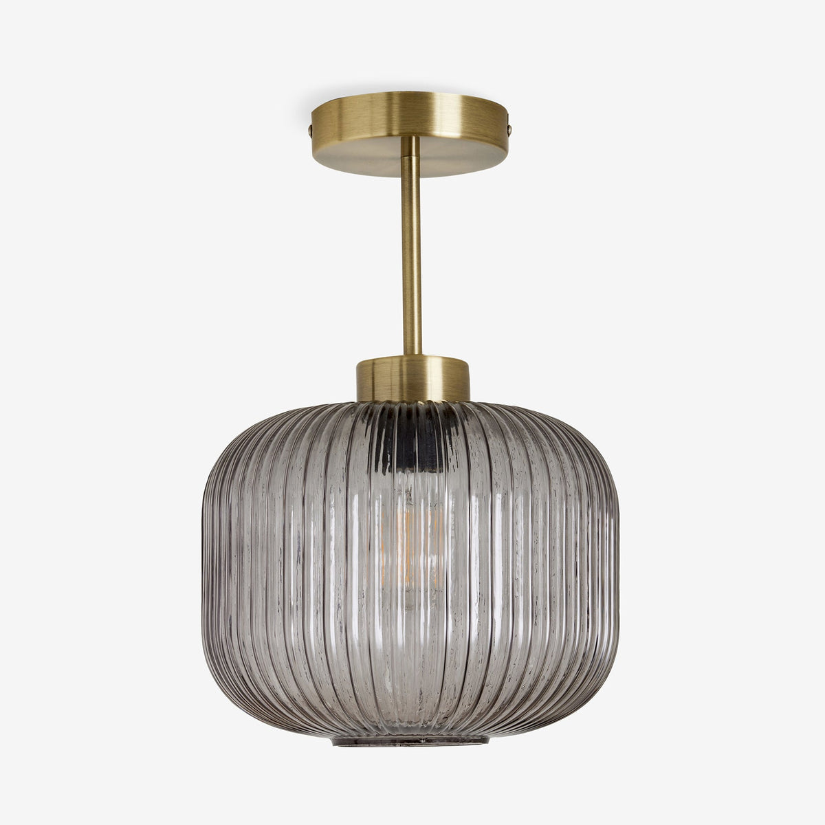 Briz Semi Flush Ceiling Light in Antique Brass with Ribbed Grey Glass Shade