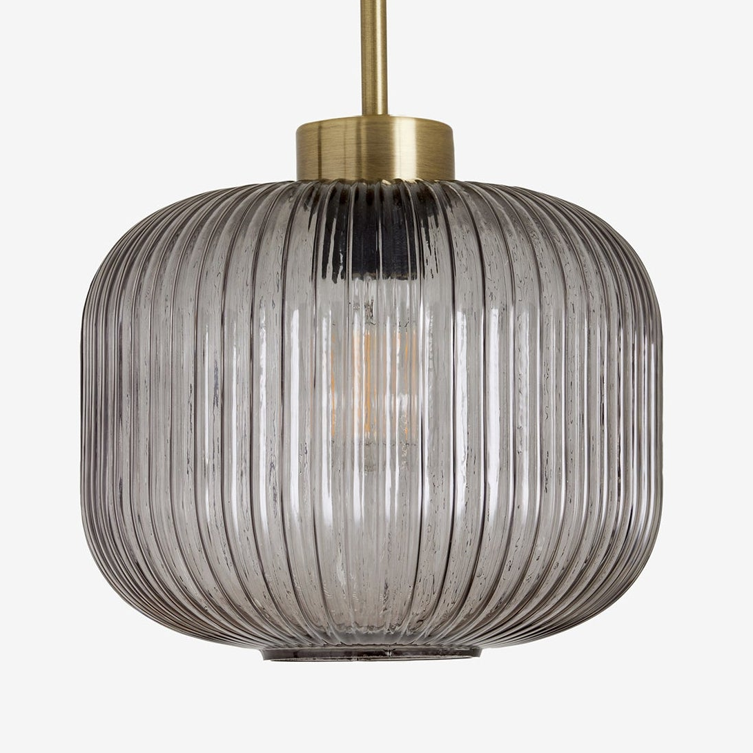 Briz Semi Flush Ceiling Light in Antique Brass with Ribbed Grey Glass Shade