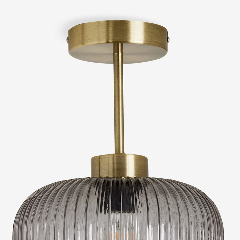 Briz Semi Flush Ceiling Light in Antique Brass with Ribbed Grey Glass Shade