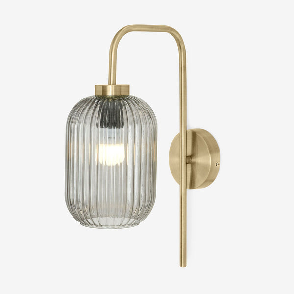 Briz Wall Light in Antique Brass with Ribbed Grey Glass Shade