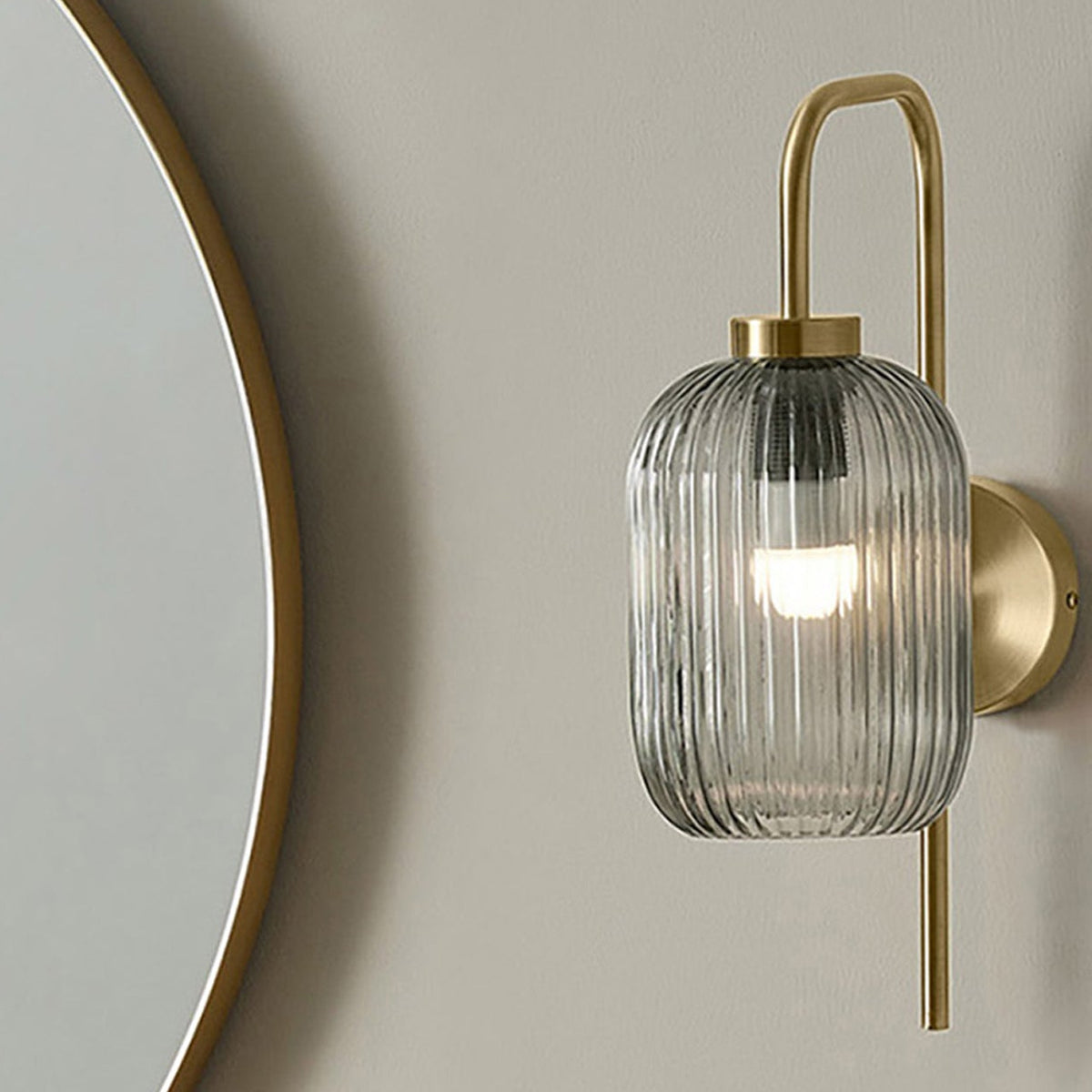 Briz Wall Light in Antique Brass with Ribbed Grey Glass Shade