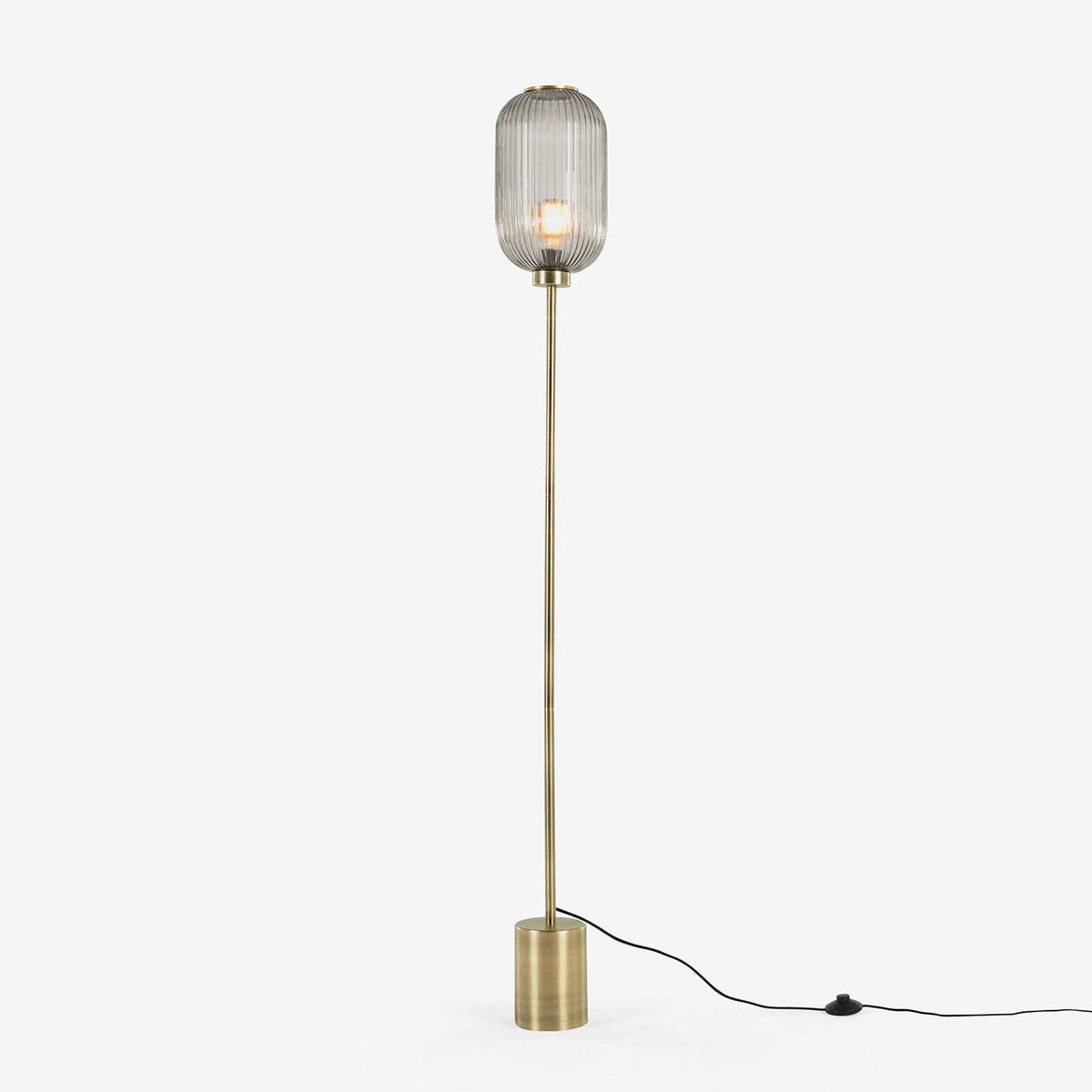 Briz Floor Lamp in Antique Brass with Ribbed Grey Glass Shade