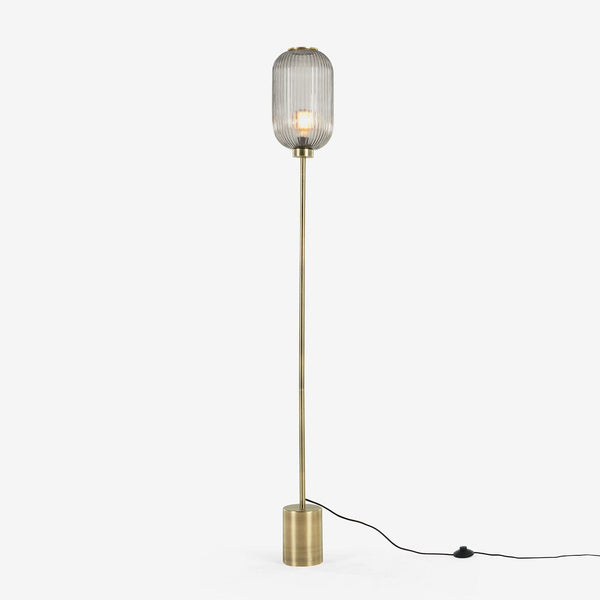 Briz Floor Lamp in Antique Brass with Ribbed Grey Glass Shade