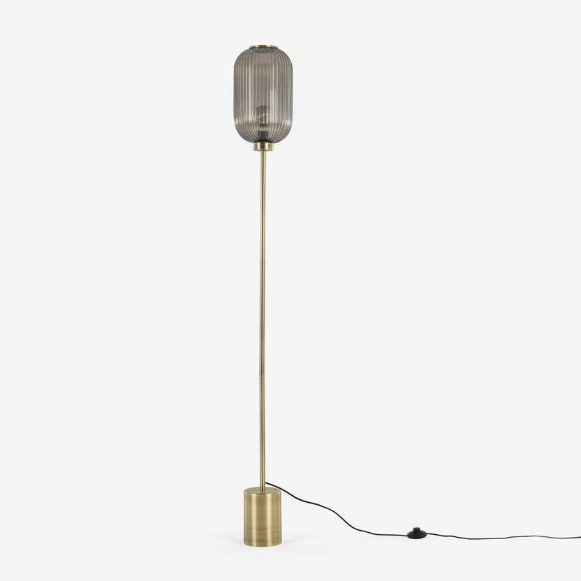 Briz Floor Lamp in Antique Brass with Ribbed Grey Glass Shade