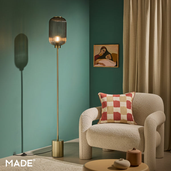Briz Floor Lamp in Antique Brass with Ribbed Grey Glass Shade