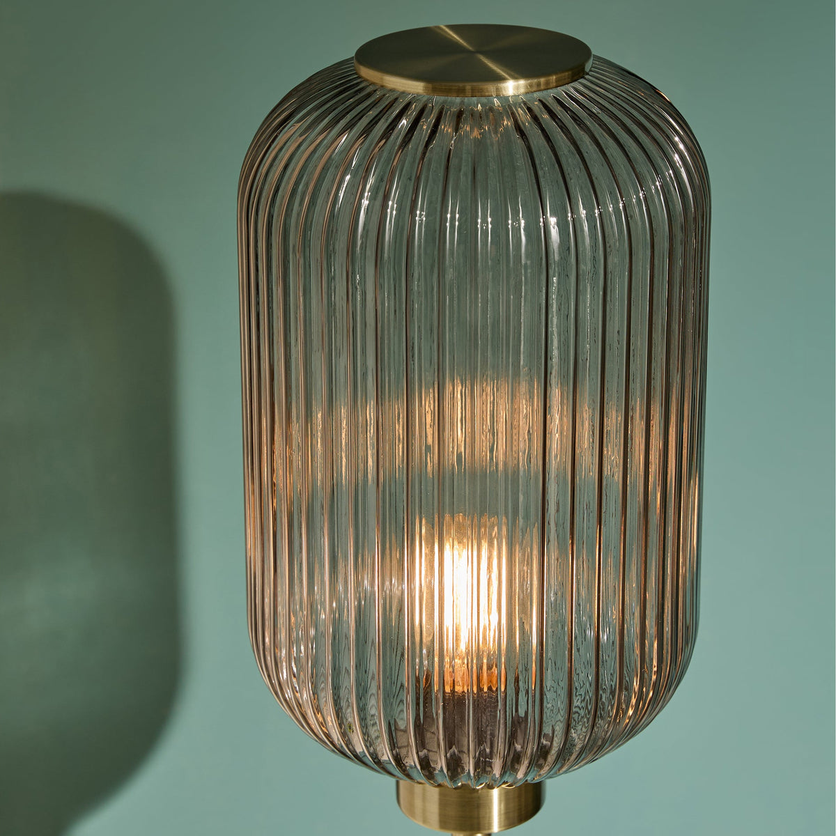 Briz Floor Lamp in Antique Brass with Ribbed Grey Glass Shade