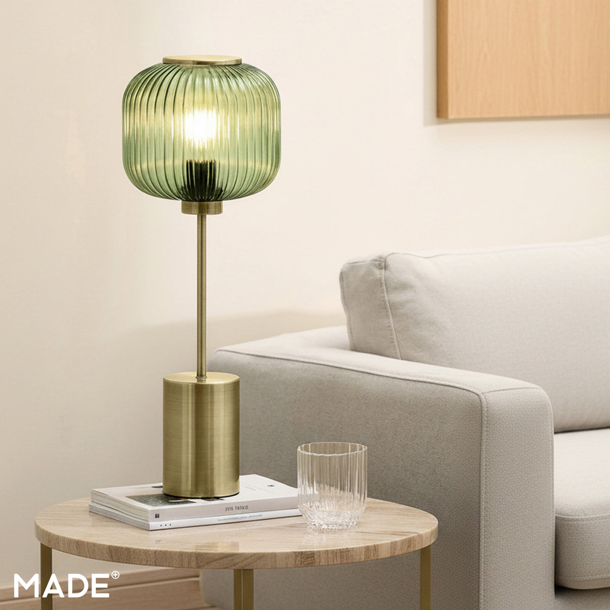 Briz Large Table Lamp in Antique Brass with Ribbed Green Glass Shade
