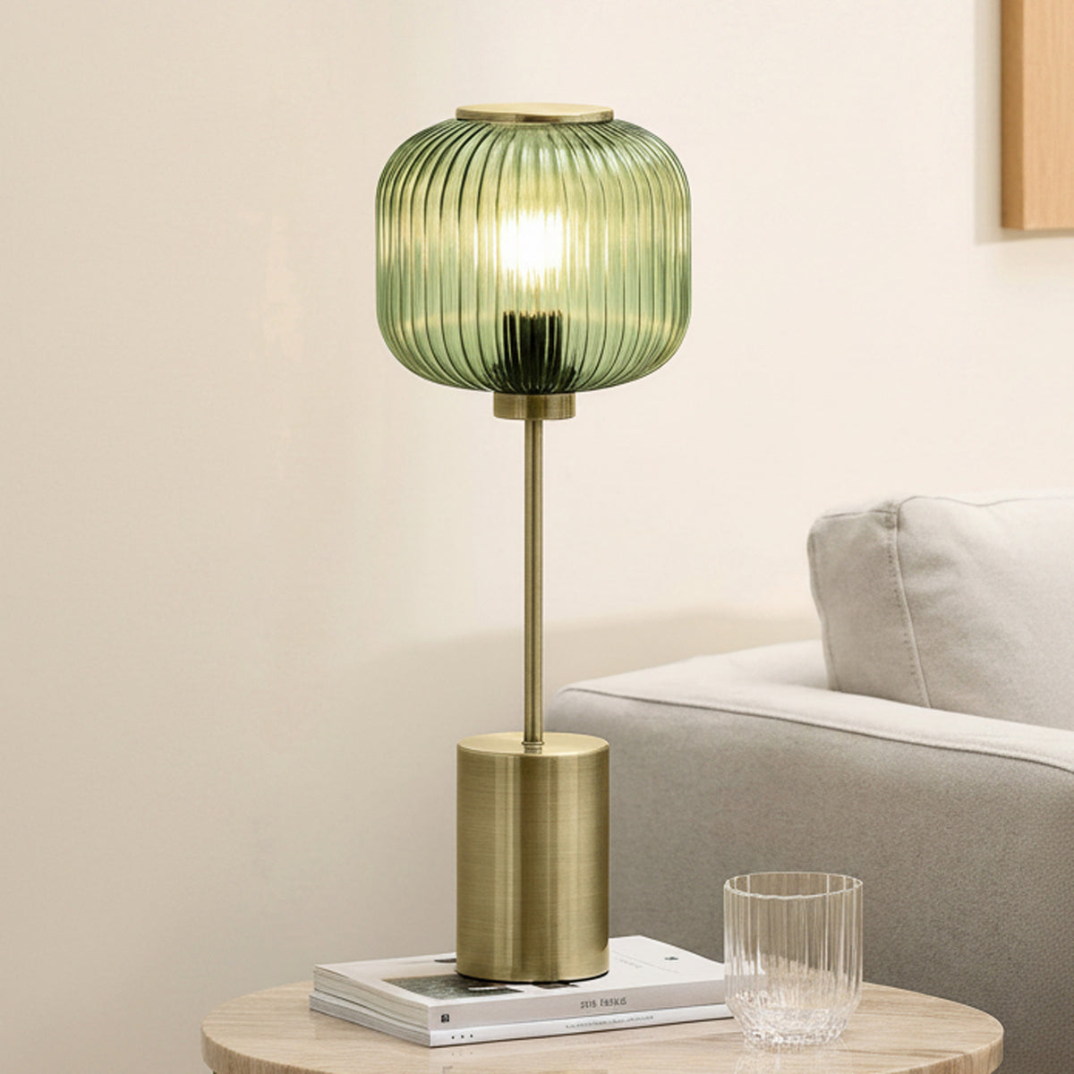 Briz Large Table Lamp in Antique Brass with Ribbed Green Glass Shade