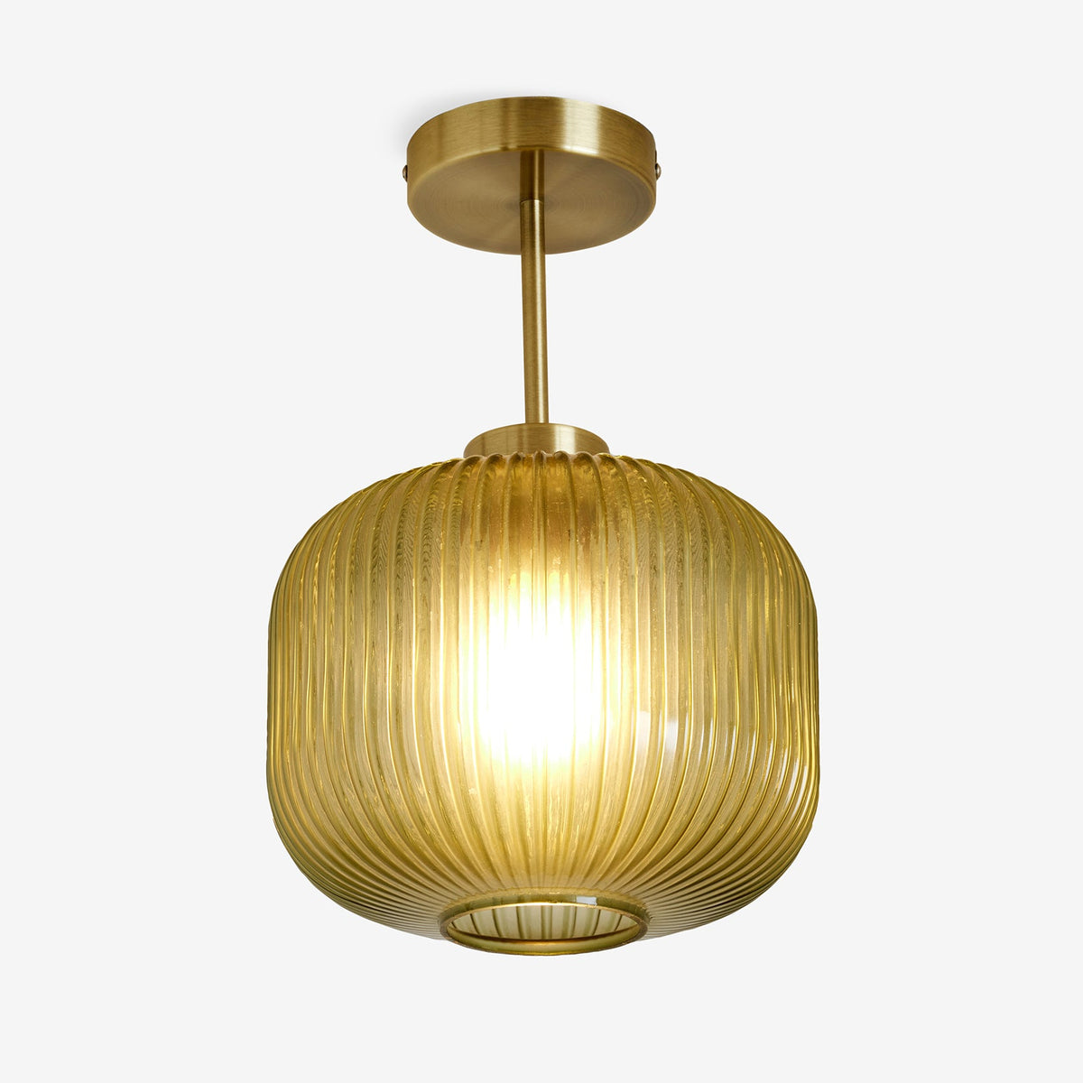 Briz Semi Flush Ceiling Light in Antique Brass with Ribbed Green Glass Shade