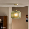 Briz Semi Flush Ceiling Light in Antique Brass with Ribbed Green Glass Shade