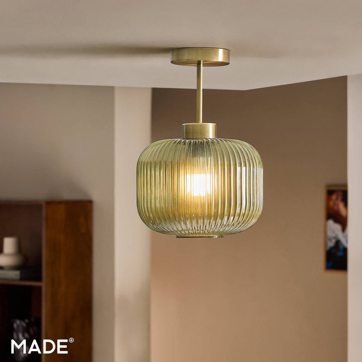 Briz Semi Flush Ceiling Light in Antique Brass with Ribbed Green Glass Shade