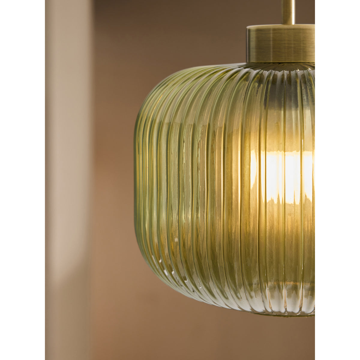 Briz Semi Flush Ceiling Light in Antique Brass with Ribbed Green Glass Shade