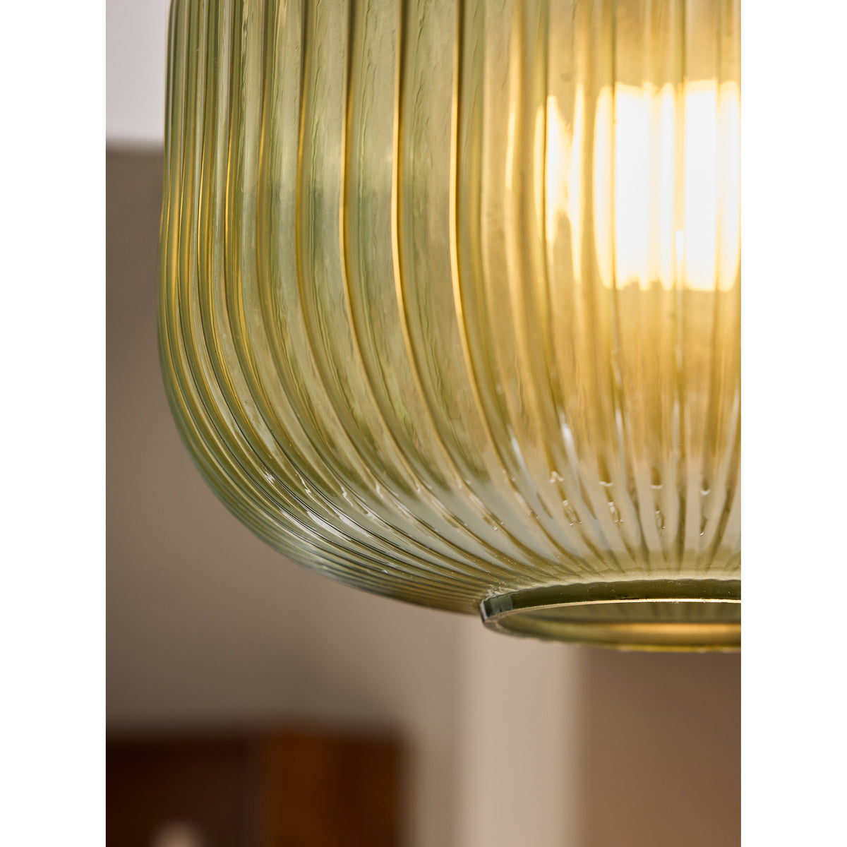 Briz Semi Flush Ceiling Light in Antique Brass with Ribbed Green Glass Shade
