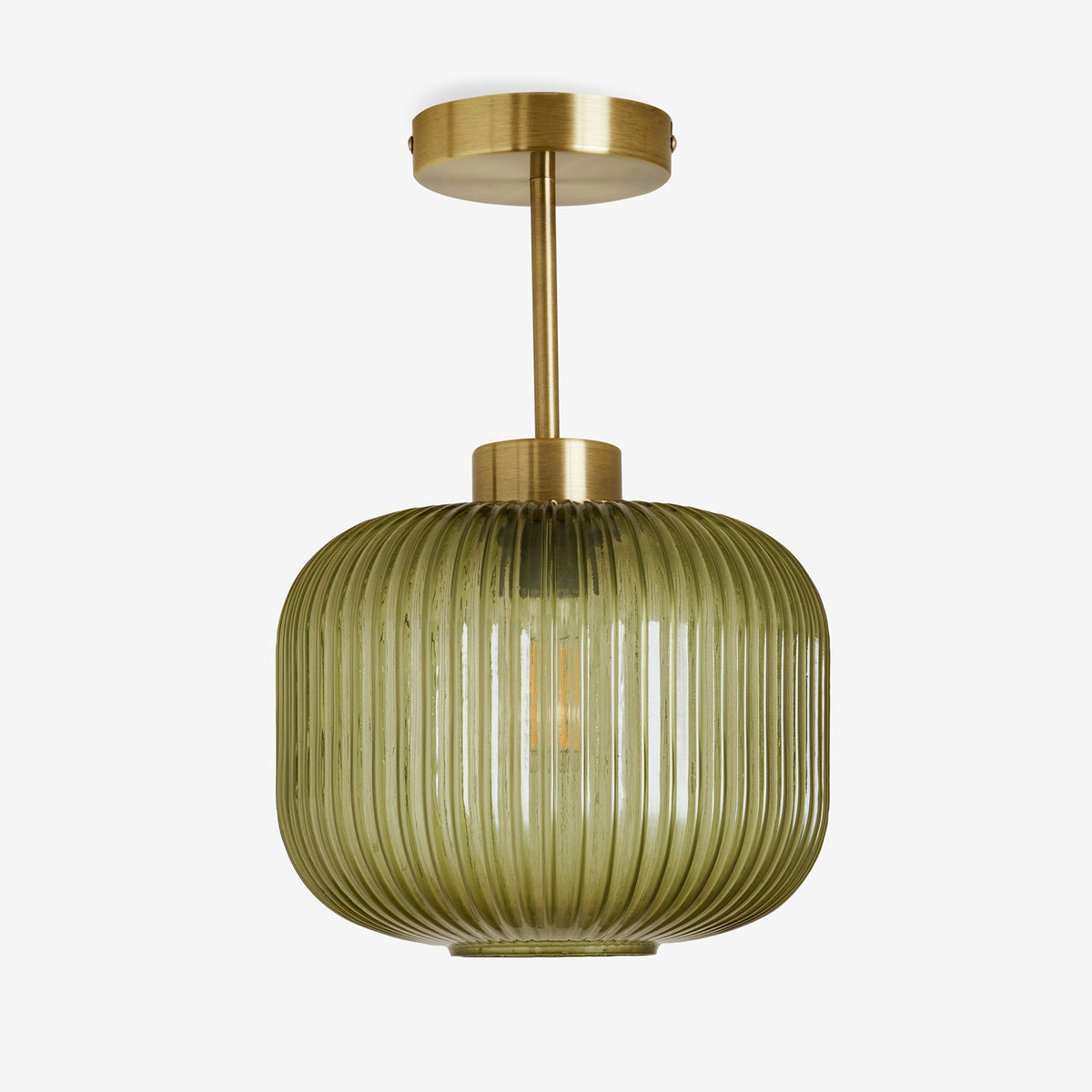 Briz Semi Flush Ceiling Light in Antique Brass with Ribbed Green Glass Shade