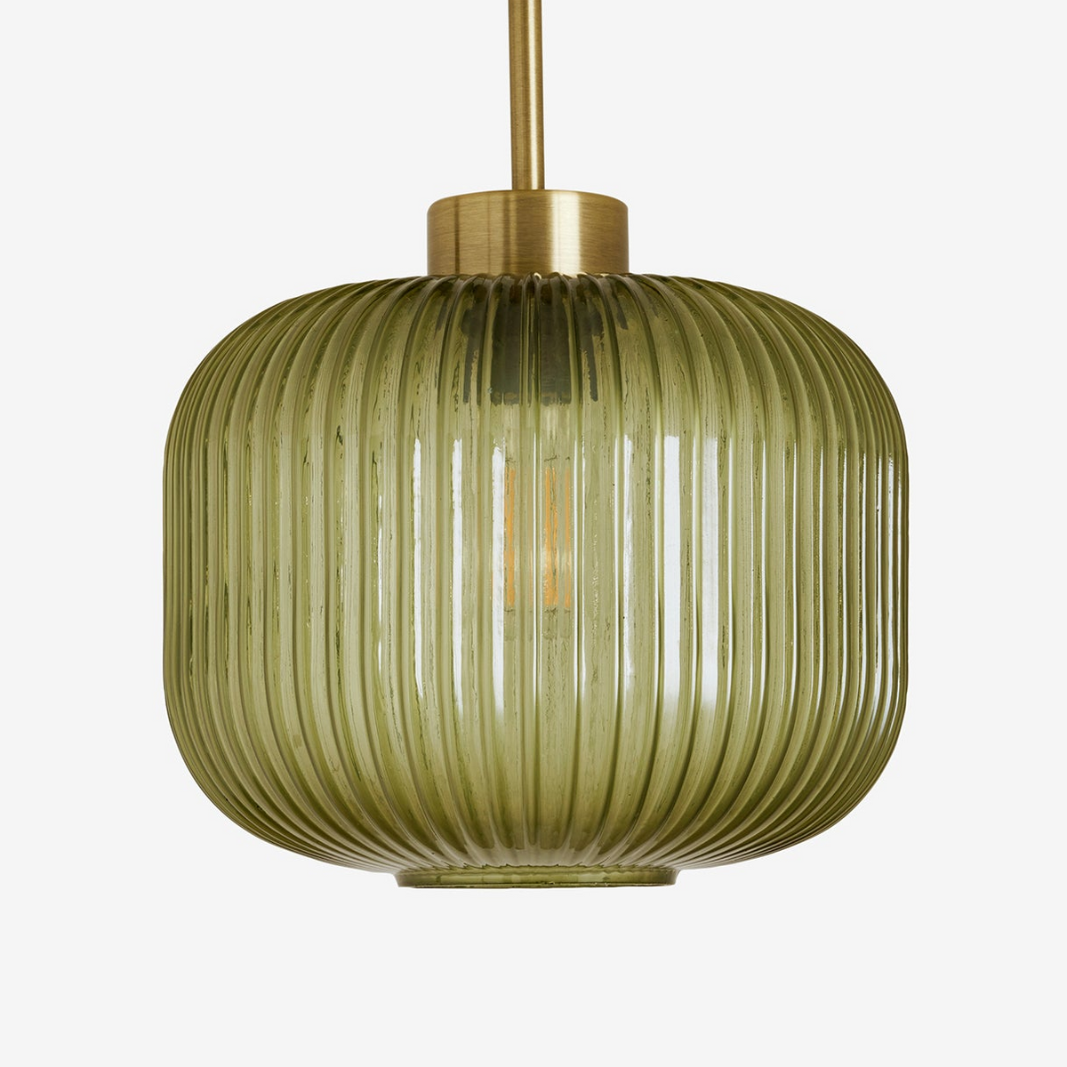 Briz Semi Flush Ceiling Light in Antique Brass with Ribbed Green Glass Shade