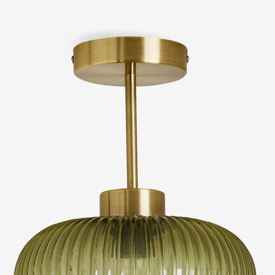 Briz Semi Flush Ceiling Light in Antique Brass with Ribbed Green Glass Shade
