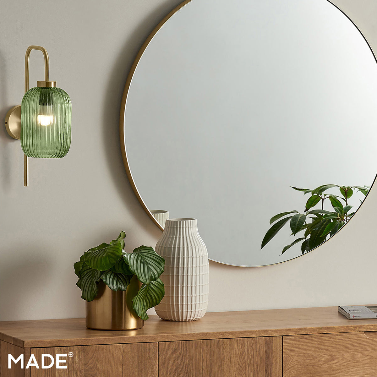 Briz Wall Light in Antique Brass with Ribbed Green Glass Shade