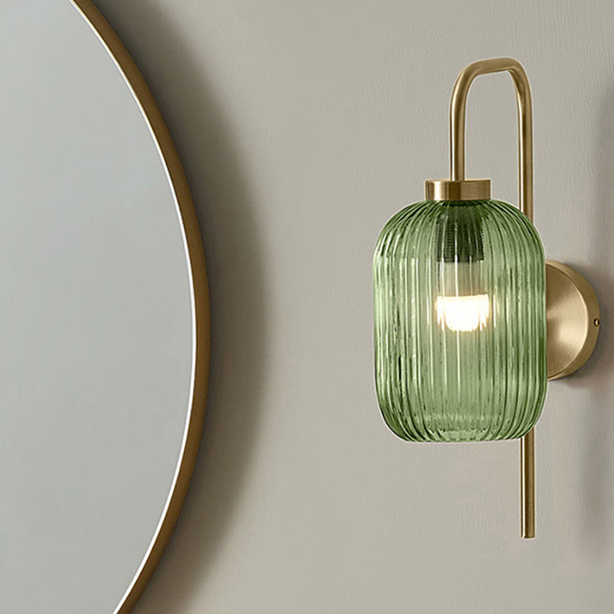 Briz Wall Light in Antique Brass with Ribbed Green Glass Shade