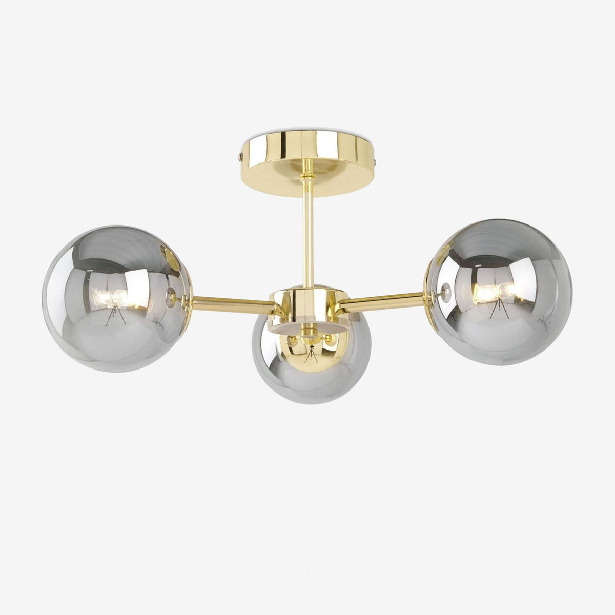 Globe 3 Light Semi Flush Ceiling Light in Polished Brass with Smoked Glass Shades
