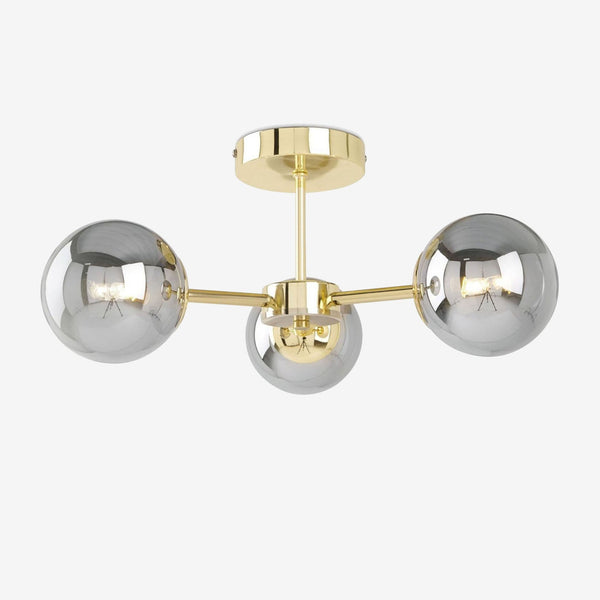 Globe 3 Light Semi Flush Ceiling Light in Polished Brass with Smoked Glass Shades