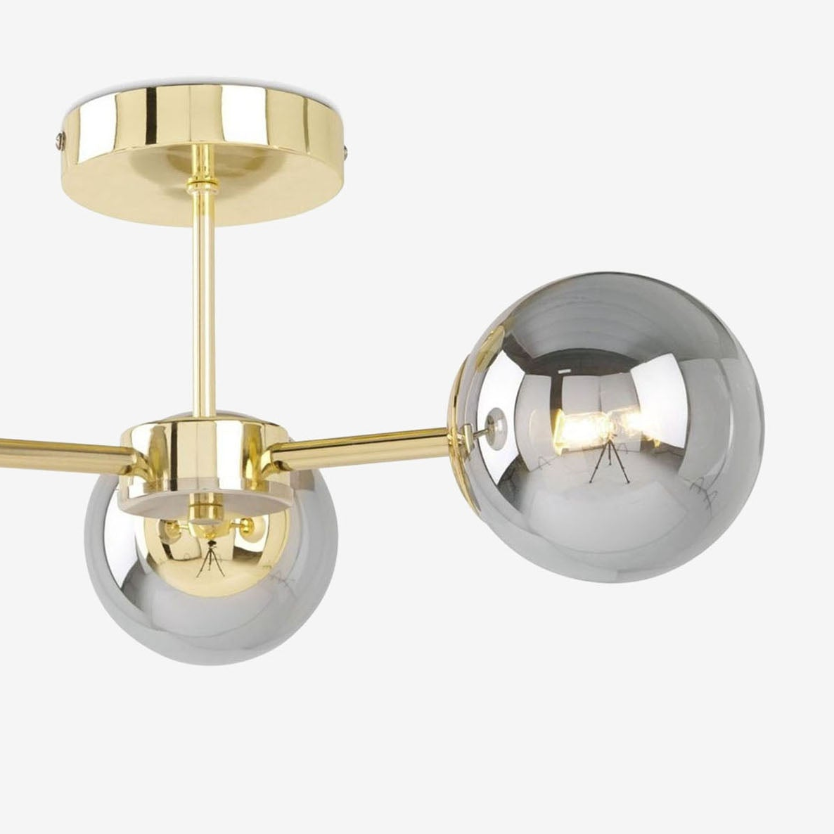 Globe 3 Light Semi Flush Ceiling Light in Polished Brass with Smoked Glass Shades