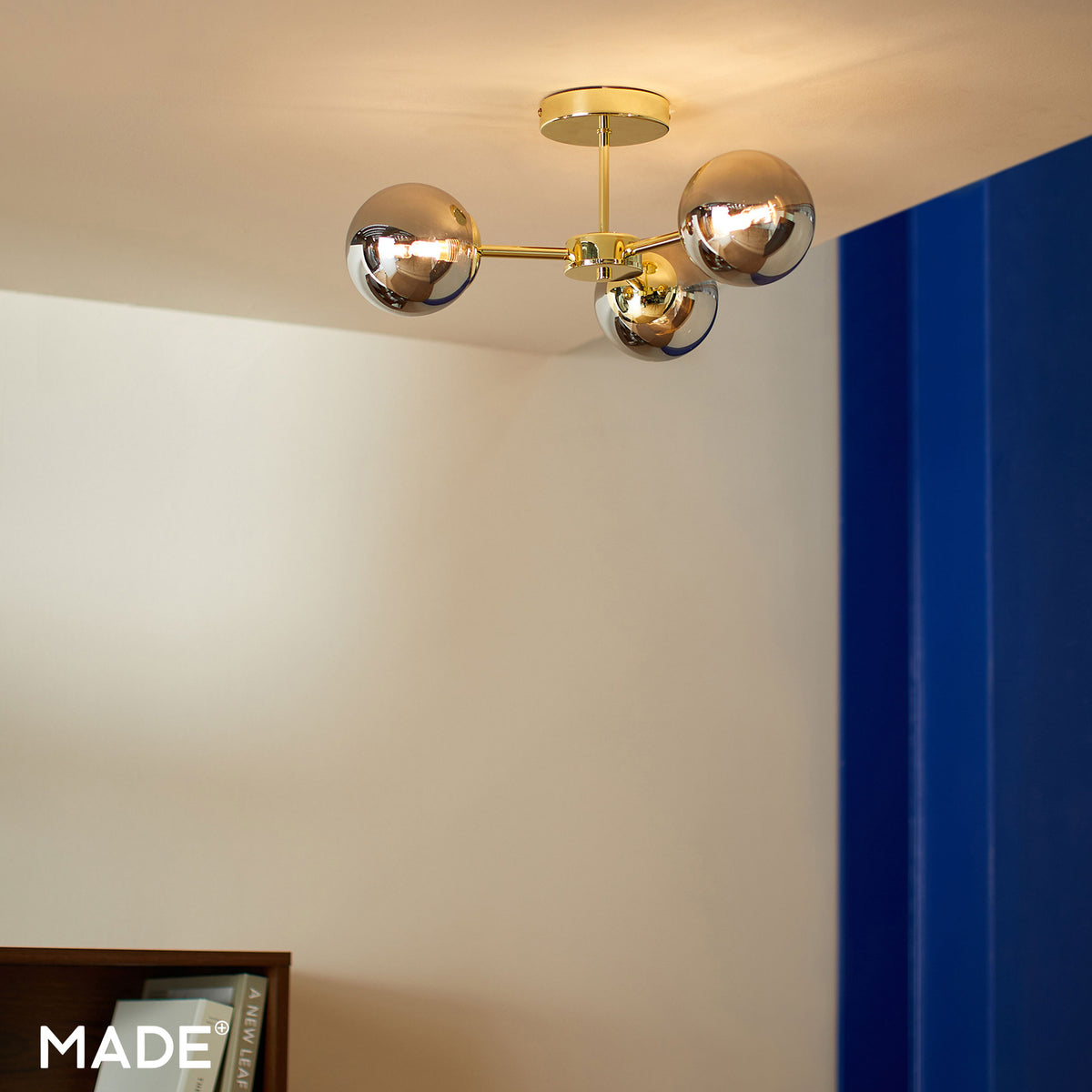 Globe 3 Light Semi Flush Ceiling Light in Polished Brass with Smoked Glass Shades
