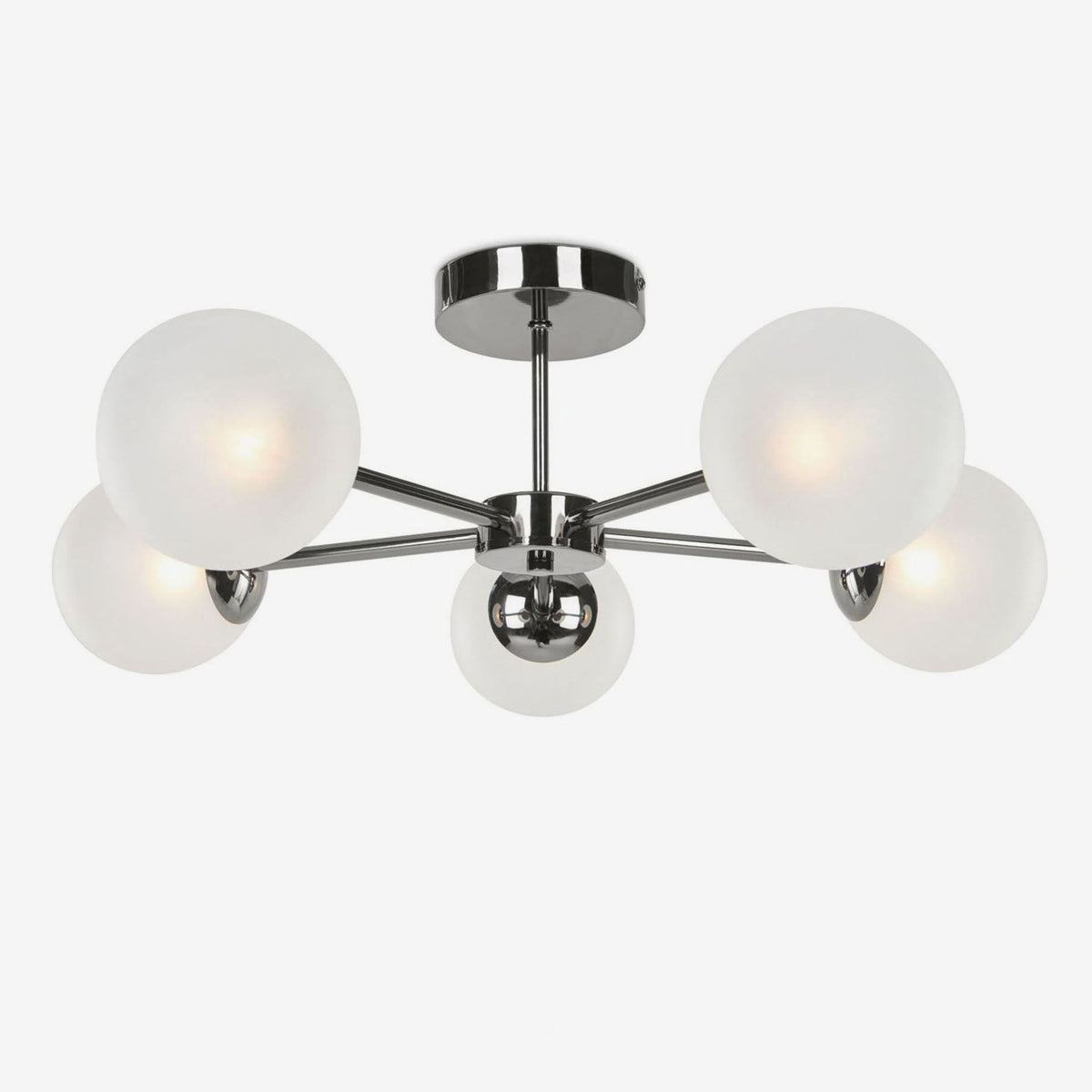 Globe 5 Light Semi Flush Ceiling Light in Polished Chrome with Frosted Glass Shades