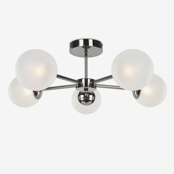 Globe 5 Light Semi Flush Ceiling Light in Polished Chrome with Frosted Glass Shades