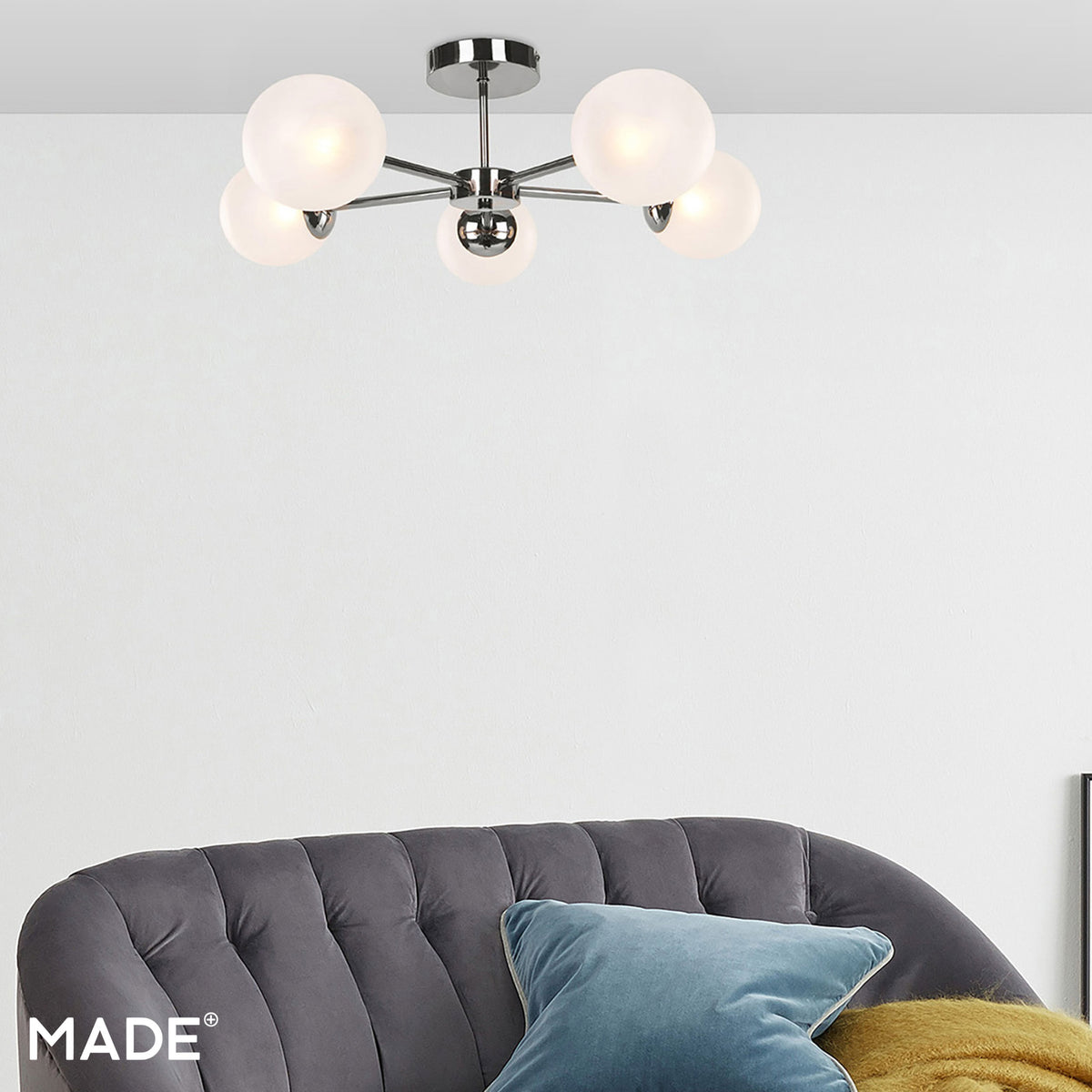 Globe 5 Light Semi Flush Ceiling Light in Polished Chrome with Frosted Glass Shades