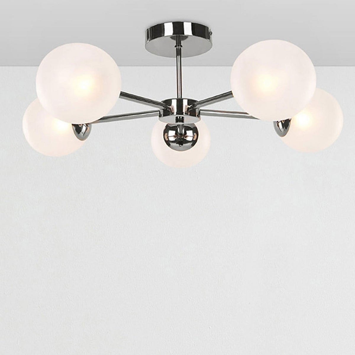 Globe 5 Light Semi Flush Ceiling Light in Polished Chrome with Frosted Glass Shades