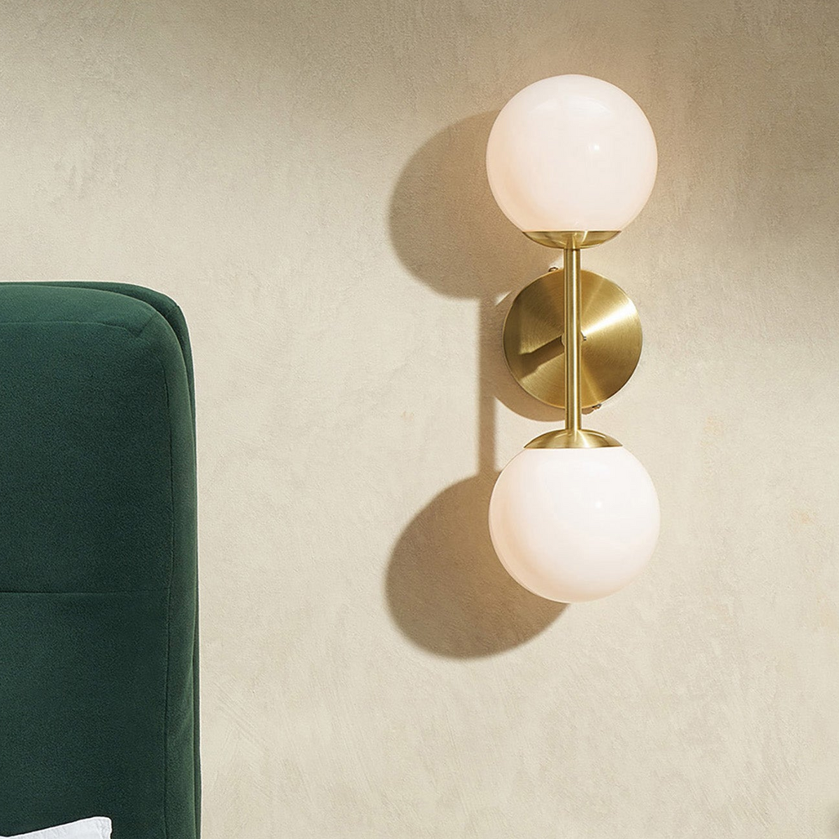 Globe Wall Light in Brushed Brass with Opal Glass Shades