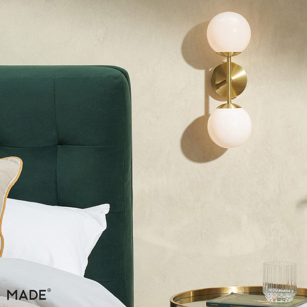 Globe Wall Light in Brushed Brass with Opal Glass Shades