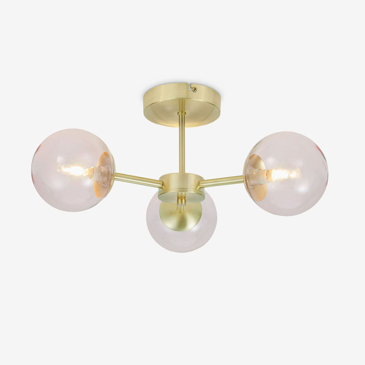Globe 3 Light Semi Flush Ceiling Light in Brushed Brass with Pink Glass Shades