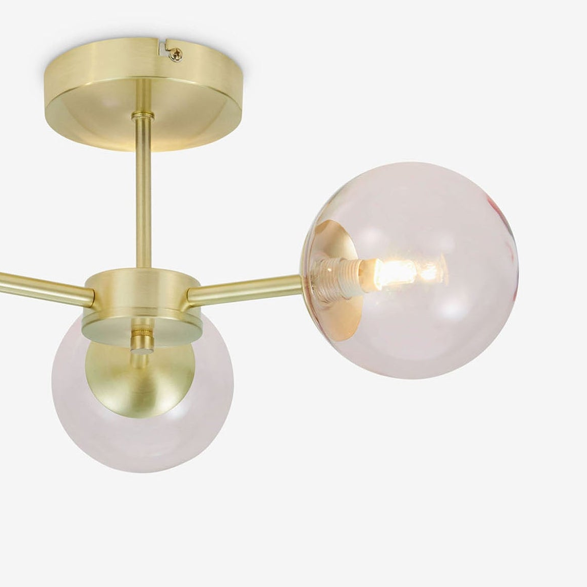 Globe 3 Light Semi Flush Ceiling Light in Brushed Brass with Pink Glass Shades