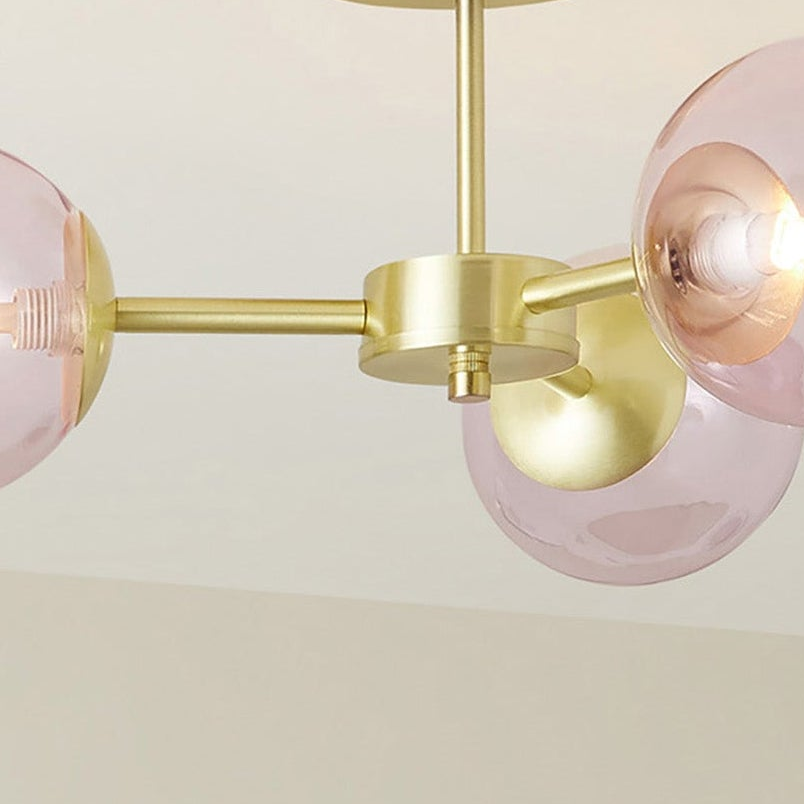 Globe 3 Light Semi Flush Ceiling Light in Brushed Brass with Pink Glass Shades