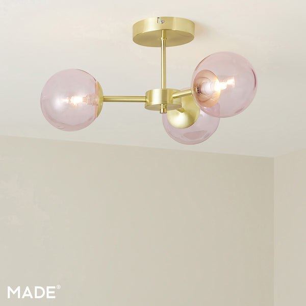 Globe 3 Light Semi Flush Ceiling Light in Brushed Brass with Pink Glass Shades