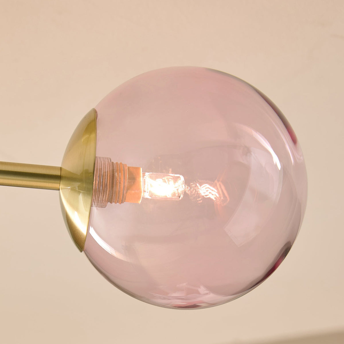 Globe 3 Light Semi Flush Ceiling Light in Brushed Brass with Pink Glass Shades
