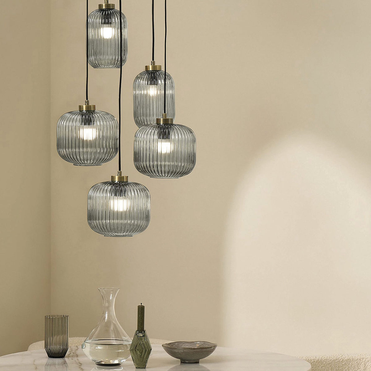 Briz Cluster Pendant in Antique Brass with Ribbed Grey Glass Shade