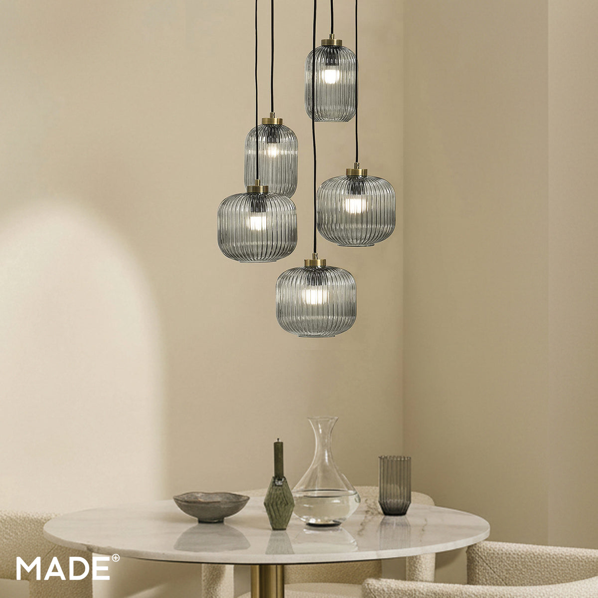Briz Cluster Pendant in Antique Brass with Ribbed Grey Glass Shade