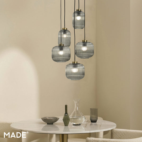 Briz Cluster Pendant in Antique Brass with Ribbed Grey Glass Shade