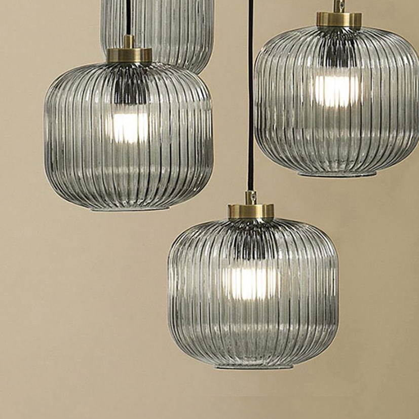 Briz Cluster Pendant in Antique Brass with Ribbed Grey Glass Shade