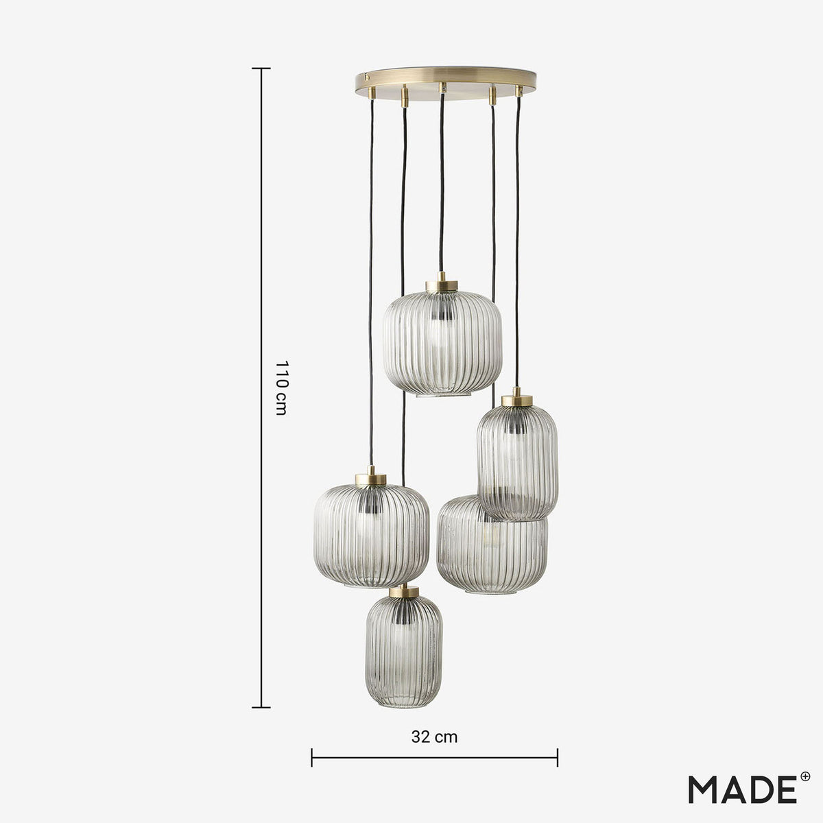 Briz Cluster Pendant in Antique Brass with Ribbed Grey Glass Shade