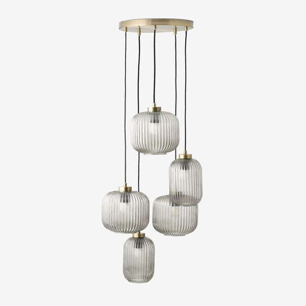 Briz Cluster Pendant in Antique Brass with Ribbed Grey Glass Shade