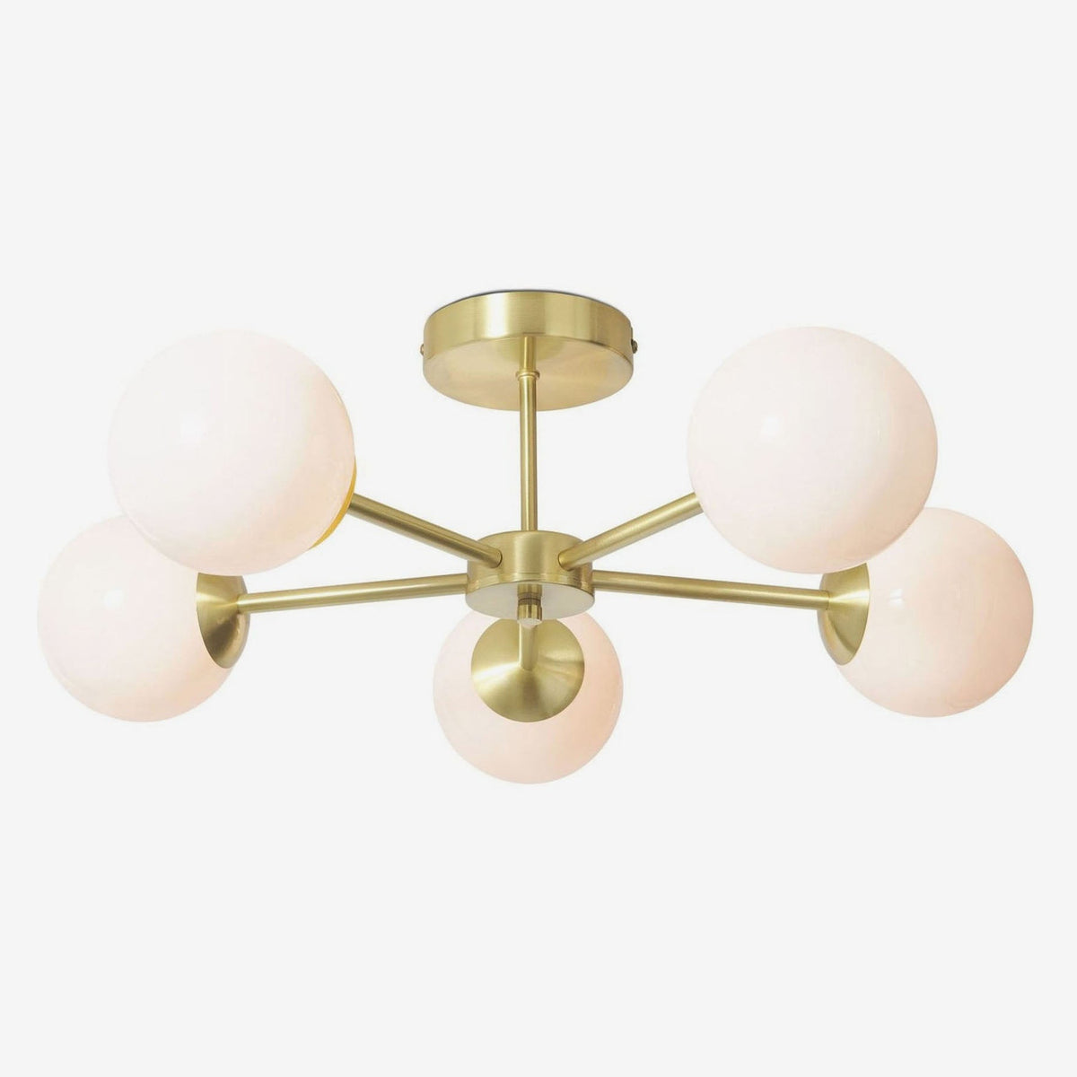 Globe 5 Light Semi Flush Ceiling Light in Brushed Brass with Opal Glass Shades