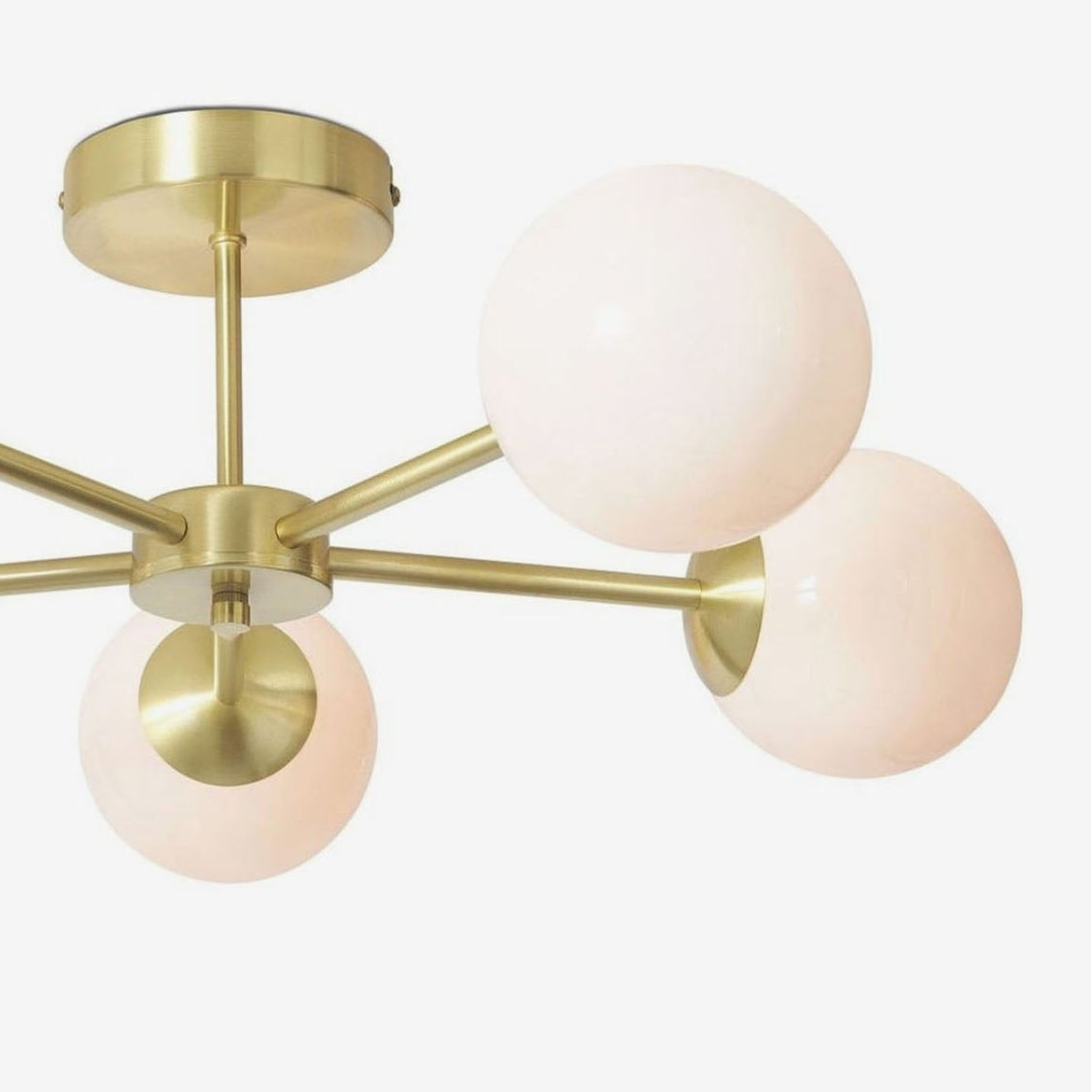 Globe 5 Light Semi Flush Ceiling Light in Brushed Brass with Opal Glass Shades